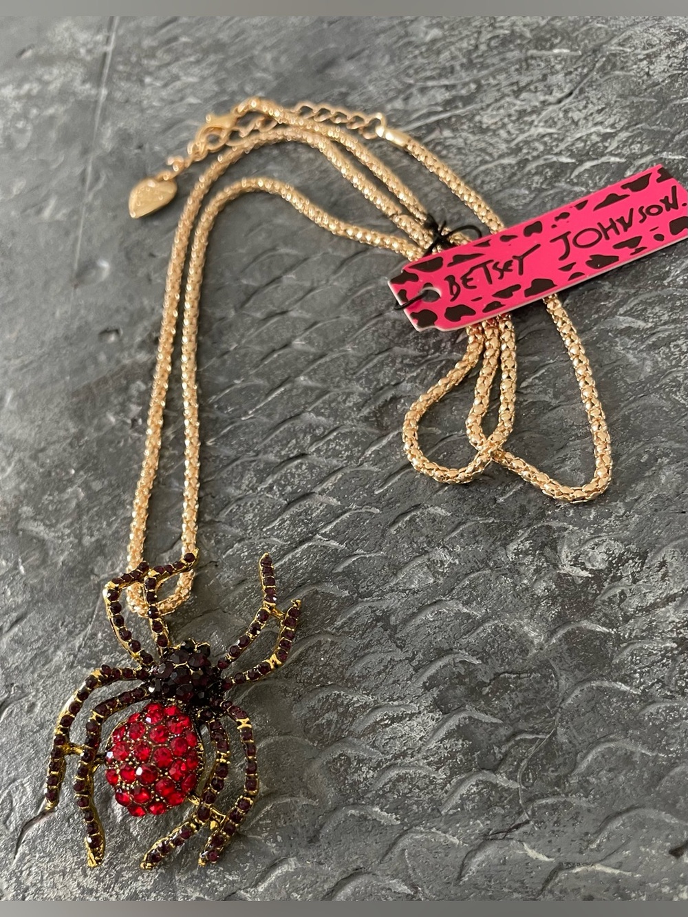Betsey Johnson Gold-tone Necklace with Red Crystal Spider Pendant
